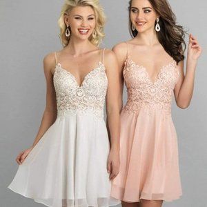 Dave & Johnny, Sheer Lace Bodice Fit And Flare Cocktail Dress in Blush